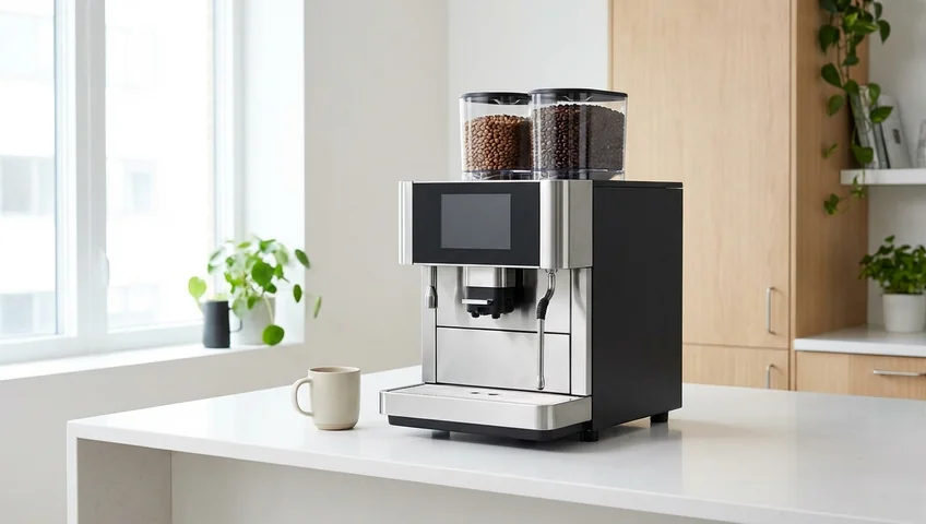 Moderner Kaffeevollautomat mit zwei Bohnenbehältern für verschiedene Röstungen