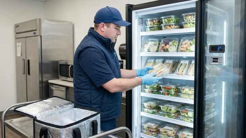 Techniker befüllt Snackautomaten mit frischen Produkten unter Einhaltung der Hygienevorschriften