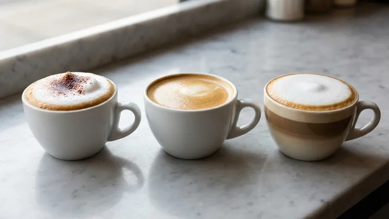 Cappuccino, Flat White und Latte Macchiato mit unterschiedlichen Milchschaummengen