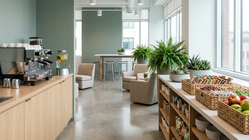 Gut ausgestatteter moderner Pausenraum mit Kaffeemaschine, Wasserspender und Snackbereich