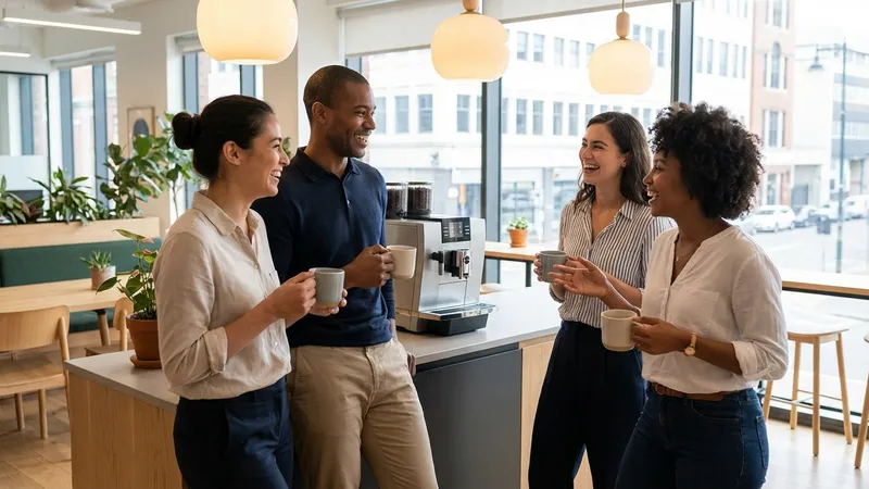 Kleines Team bei informellem Austausch an der Kaffeemaschine