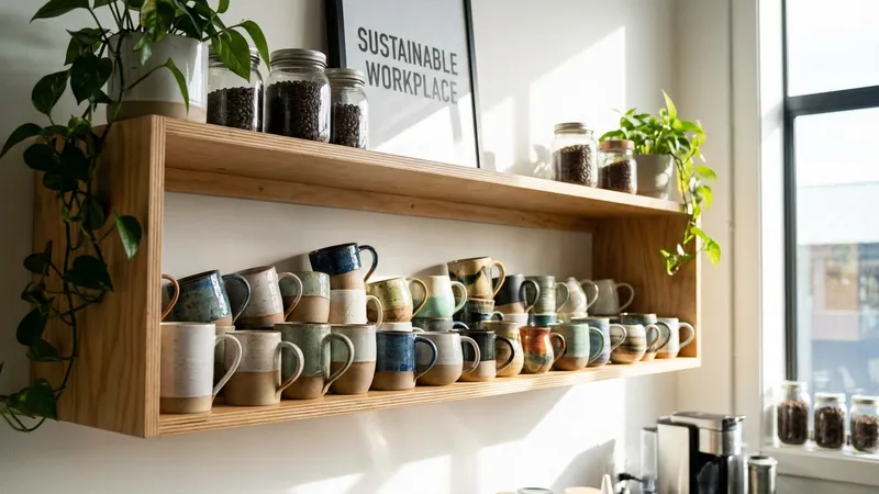 Wiederverwendbare Keramiktassen im Büroregal