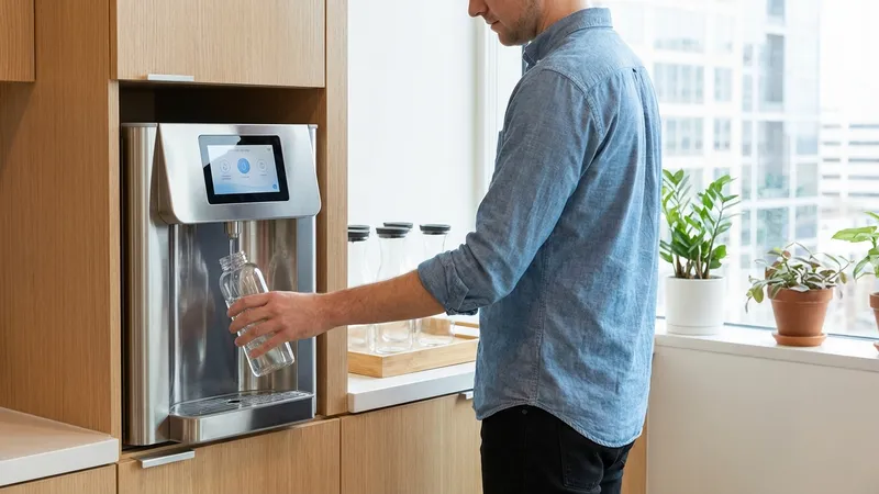 Mitarbeiterin füllt wiederverwendbare Wasserflasche am Wasserspender