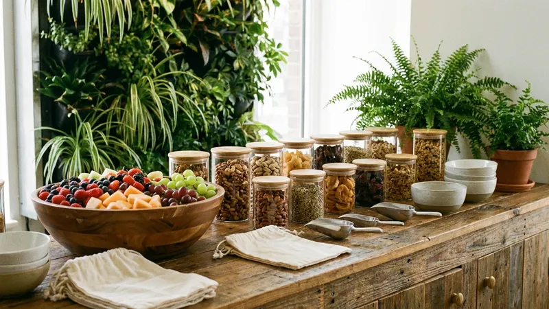 Frisches Obst und Snacks in Glasgefäßen in der Büroküche