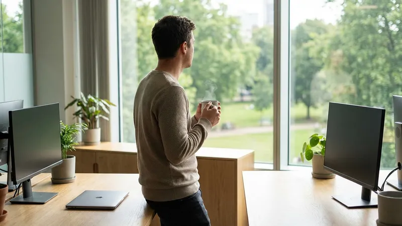 Mitarbeiter nimmt sich eine Auszeit vom Bildschirm bei einer Tasse Kaffee