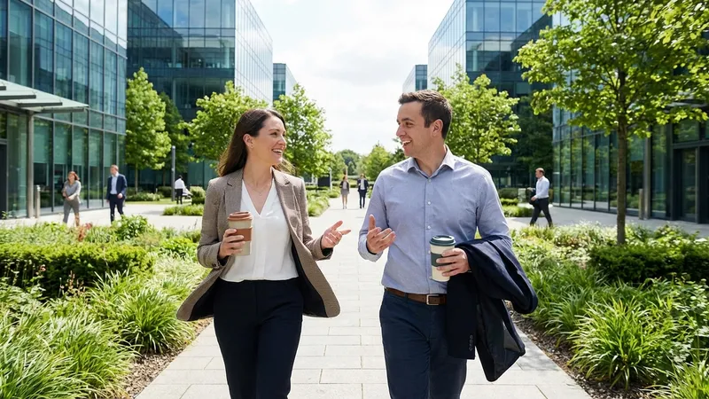 Zwei Kollegen bei einem Walking Coffee Meeting im Freien
