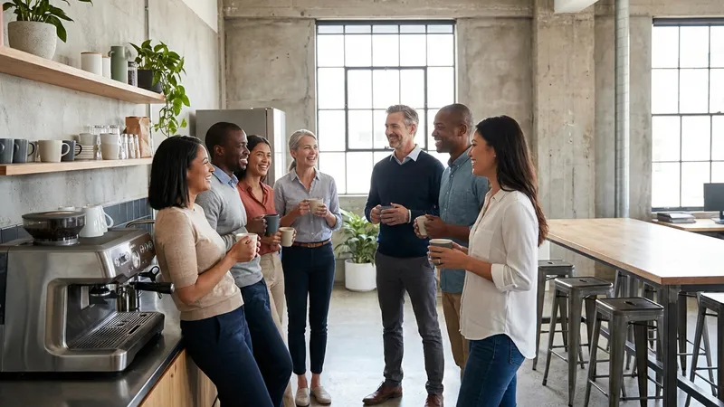 Team beim informellen Stand-up an der Kaffeemaschine