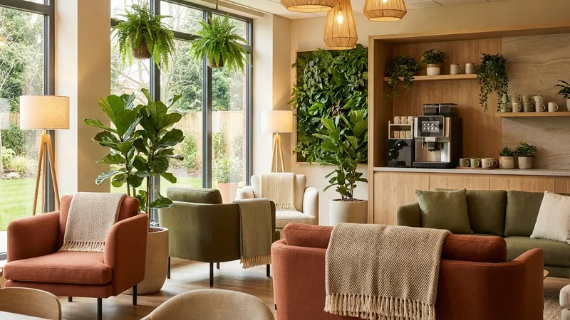 Einladender Pausenraum mit warmer Beleuchtung und Pflanzen