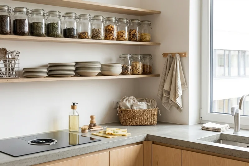 Nachhaltige Büroküche mit Glascontainern, Metallbesteck und wiederverwendbaren Aufbewahrungslösungen
