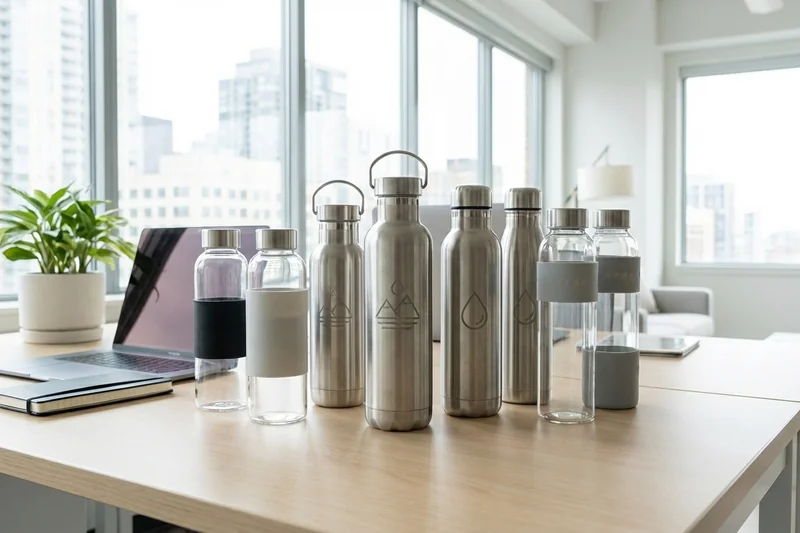 Hochwertige wiederverwendbare Trinkflaschen aus Edelstahl und Glas auf einem Büroschreibtisch