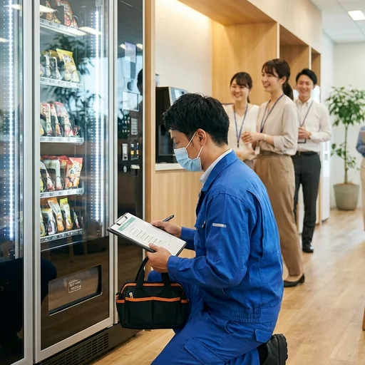 Techniker bei Wartungsarbeiten am geöffneten Snackautomaten
