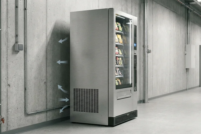 Seitenansicht eines Snackautomaten mit sichtbarem Abstand zur Wand für optimale Belüftung