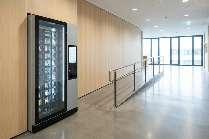 Snackautomat in einem barrierefreien, gut beleuchteten Büroflur