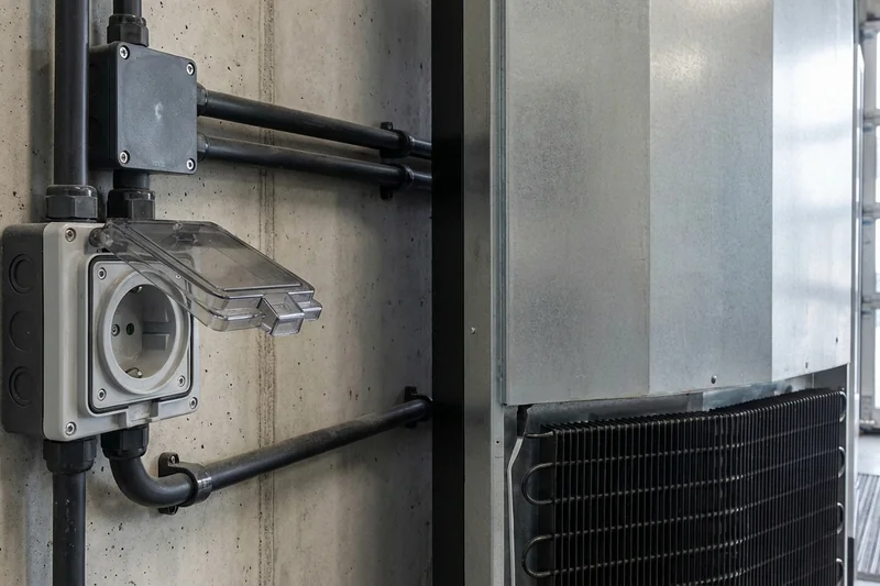 Professioneller Stromanschluss hinter einem Automaten mit Schuko-Steckdose