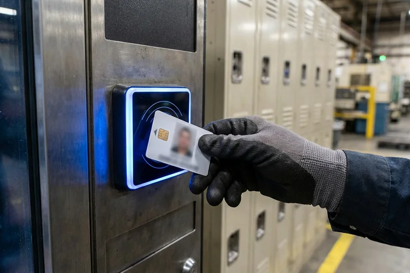 Mitarbeiter bezahlt mit Chipkarte am Snackautomaten – bargeldlose Zahlung im Industrieumfeld
