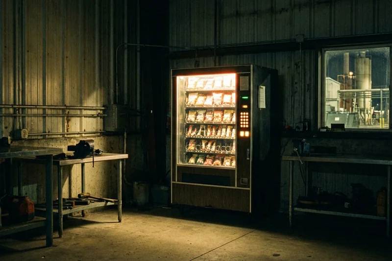 Beleuchteter Snackautomat bei Nacht in einer Industrieanlage – 24/7 Verfügbarkeit