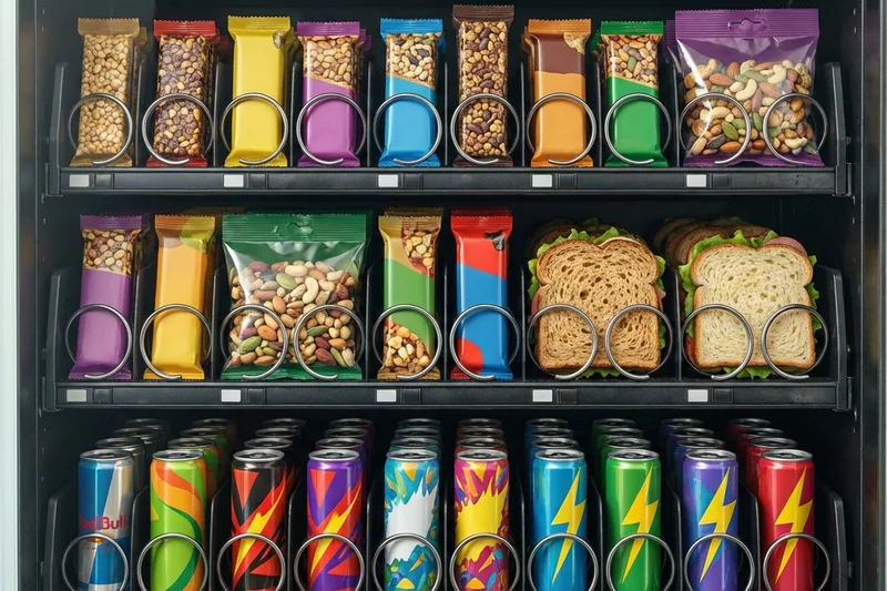 Energiereiche Snacks im Automaten: Proteinriegel, Nüsse, Sandwiches – ideal für körperliche Arbeit