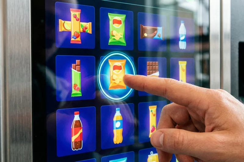 Finger tippt auf Touchscreen eines Snackautomaten – intuitive Produktauswahl