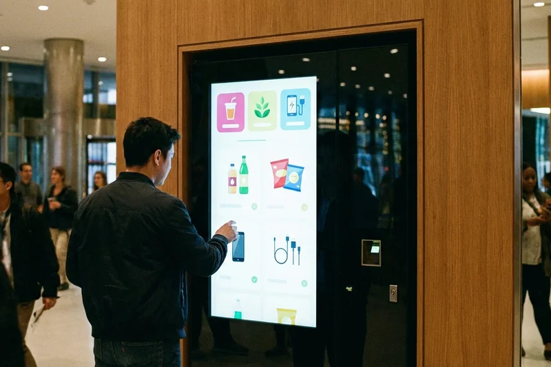 Großer Touchscreen eines Snackautomaten zeigt moderne Produktauswahl-Oberfläche