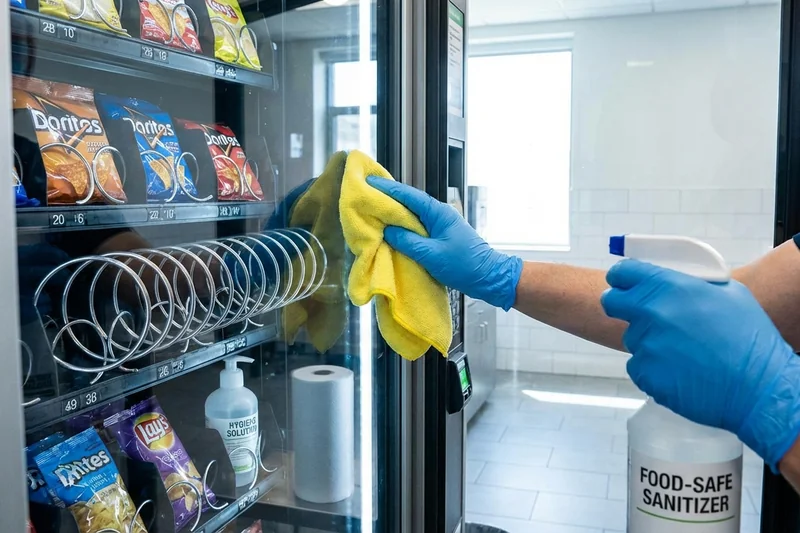 Professionelle Innenreinigung eines Snackautomaten mit lebensmittelgeeigneten Reinigungsmitteln