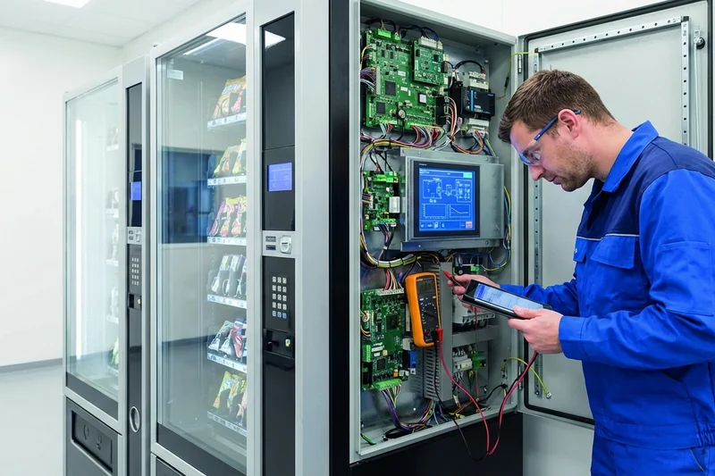 Techniker prüft die Steuerungselektronik eines modernen Snackautomaten