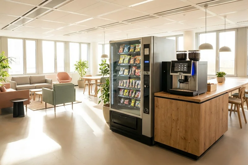 Moderner Pausenraum mit Snackautomat, Kaffeemaschine und Sitzbereich