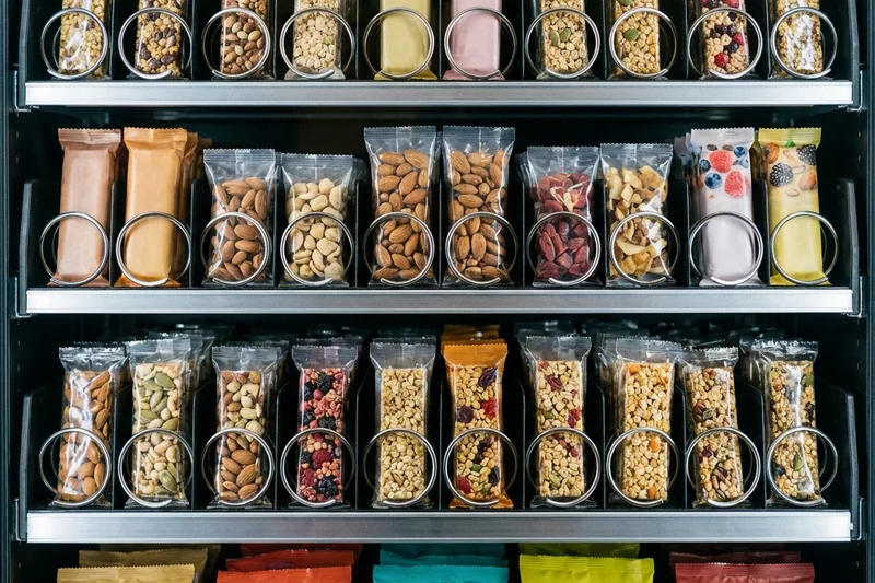 Vielfältiges Sortiment im Snackautomaten: Gesunde Optionen wie Proteinriegel, Nüsse und Fruchtsnacks