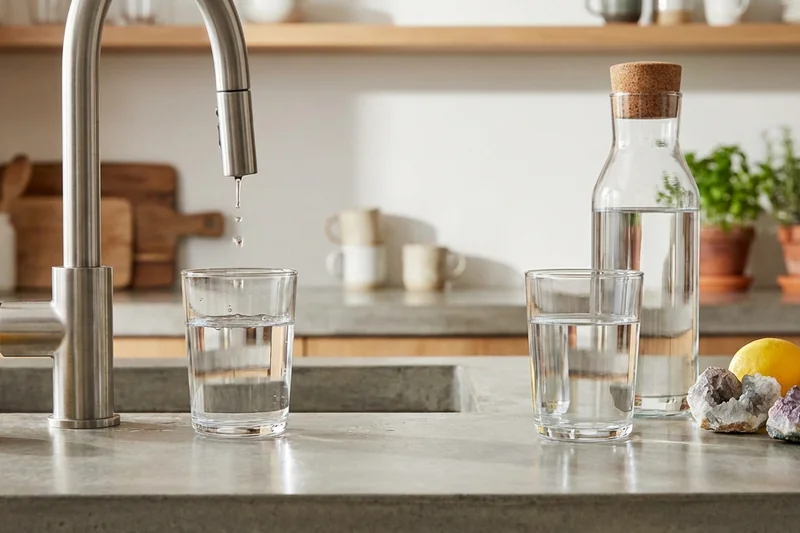 Vergleich: Leitungswasser und Mineralwasser in Gläsern – beide kristallklar