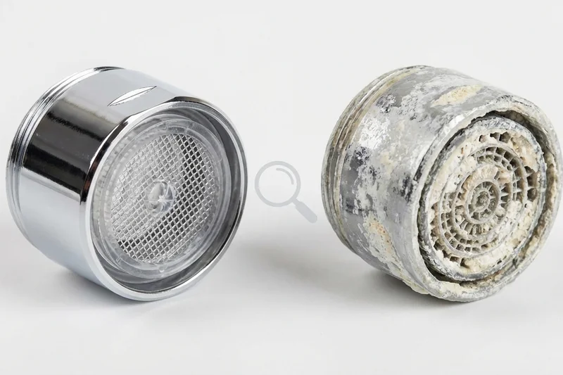 Kalkablagerungen an einem Wasserhahn-Perlator – Auswirkung von hartem Wasser