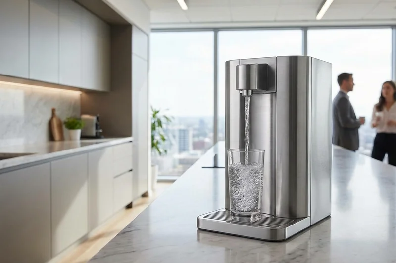 Moderner Wasserspender zapft frisches Sprudelwasser in ein Glas