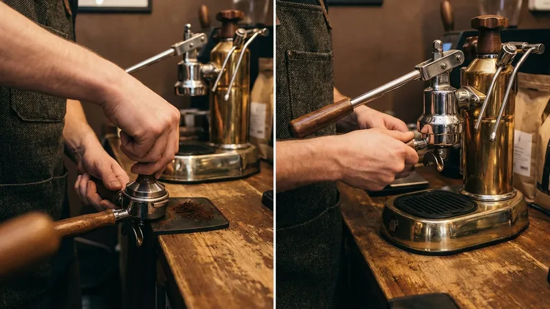 Barista bereitet Espresso an Siebträgermaschine zu