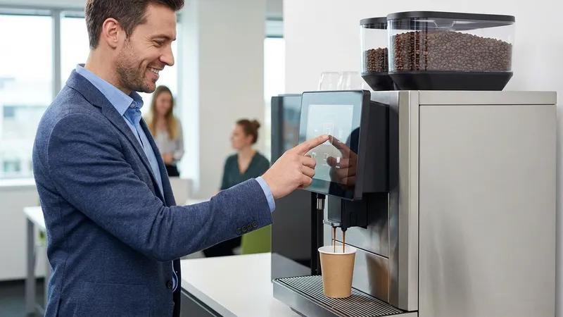 Mitarbeiter bedient Kaffeevollautomat per Touchscreen