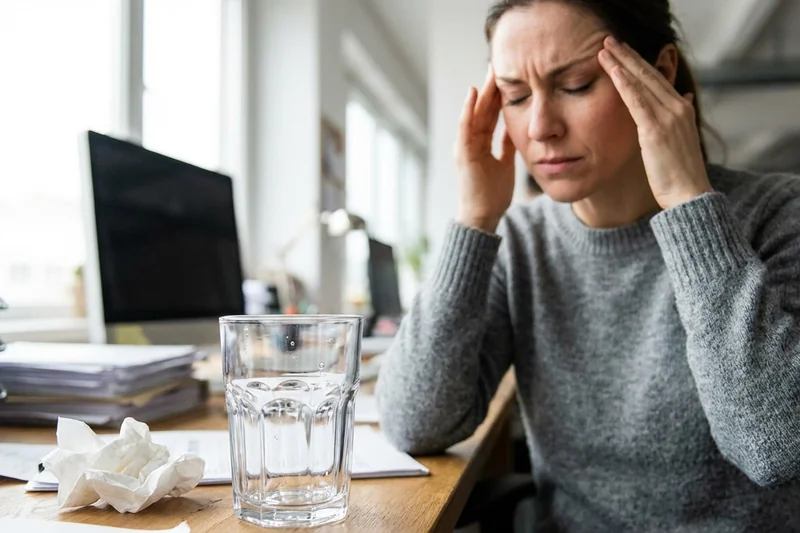 Erschöpfte Mitarbeiterin mit Kopfschmerzen am Schreibtisch – leeres Wasserglas als Hinweis auf Dehydrierung