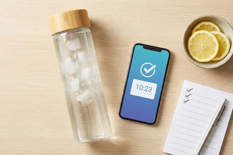 Hydrations-Essentials auf dem Schreibtisch: Wasserflasche, Smartphone mit Erinnerungs-App und frische Zitrone