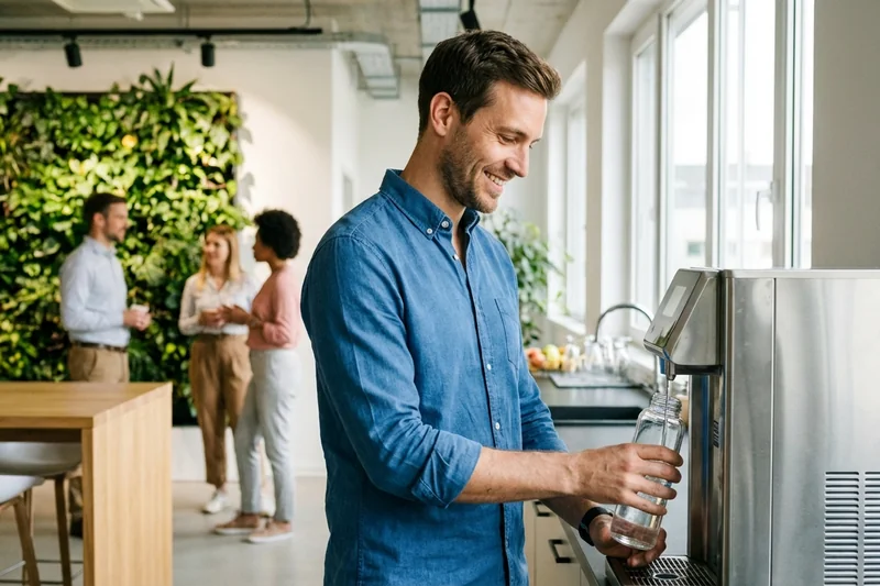 Mitarbeiter füllt seine Wasserflasche am modernen Wasserspender – gesundes Arbeitsumfeld