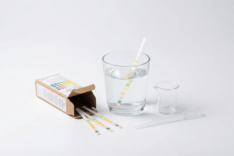 Wasserhärte-Teststreifen neben einem Glas klarem Wasser