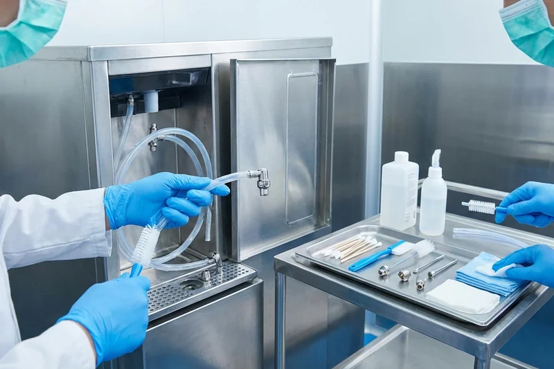 Professionelle Reinigung der internen Komponenten eines Wasserspenders