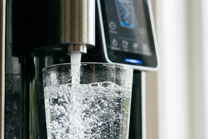 Frisches Sprudelwasser wird aus einem Premium-Wasserspender in ein Glas gezapft