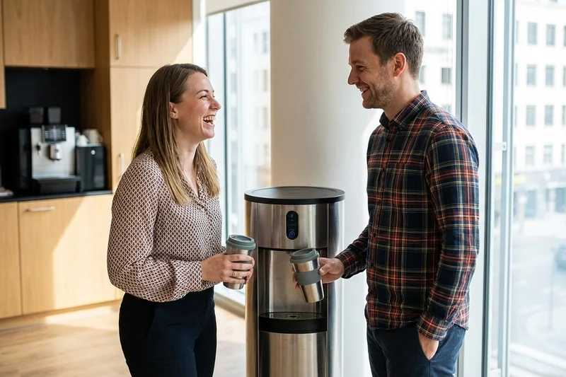 Zwei Kollegen im freundlichen Gespräch am Wasserspender – der klassische Water Cooler Talk