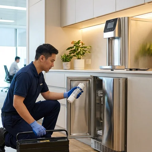 Techniker bei der Wartung und Inspektion eines Wasserspenders