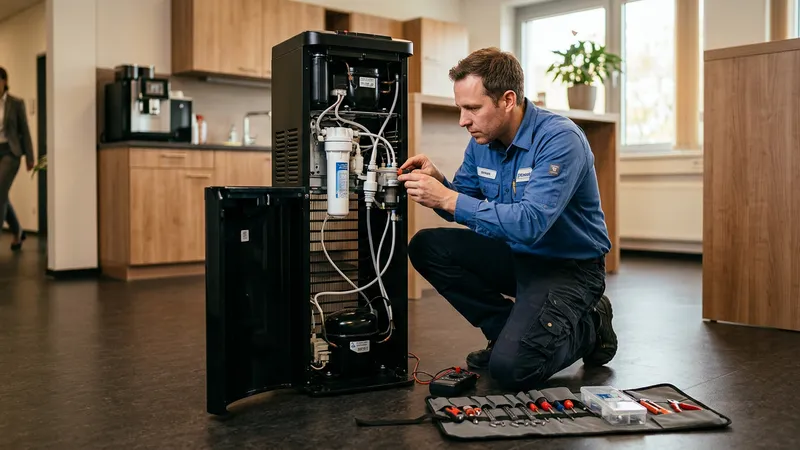 Servicetechniker repariert geöffneten Wasserspender im Büro – Kompressor und Filter sichtbar
