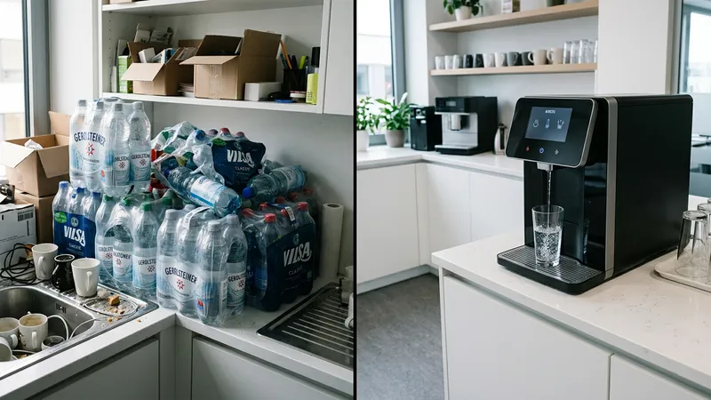 Vergleich: Überfülltes Regal mit Plastik-Wasserflaschen vs. eleganter Wasserspender in aufgeräumter Büroküche