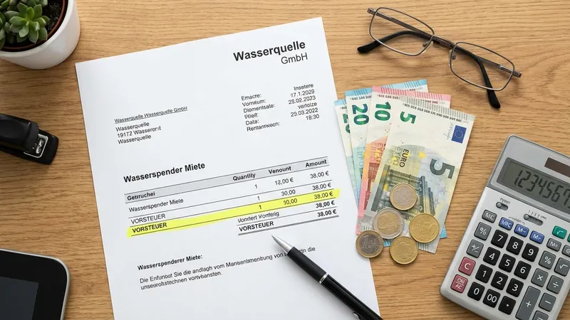 Rechnung für Wasserspender-Miete mit hervorgehobener Vorsteuer