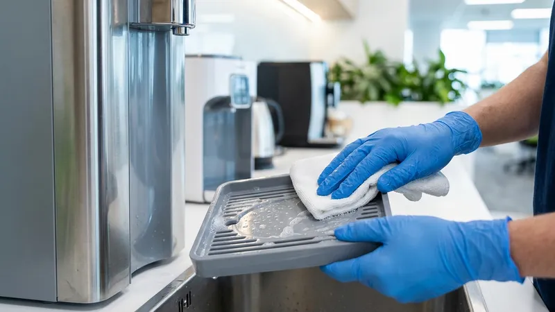 Tägliche Reinigung der Abtropfschale am Wasserspender