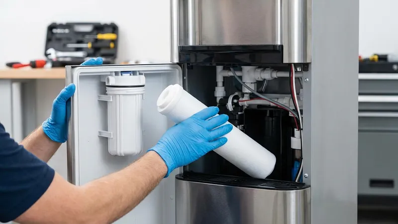 Techniker wechselt Filterkartusche am Wasserspender