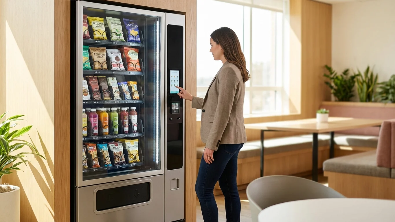 Moderner Snackautomat im Büro-Pausenraum mit Mitarbeiter